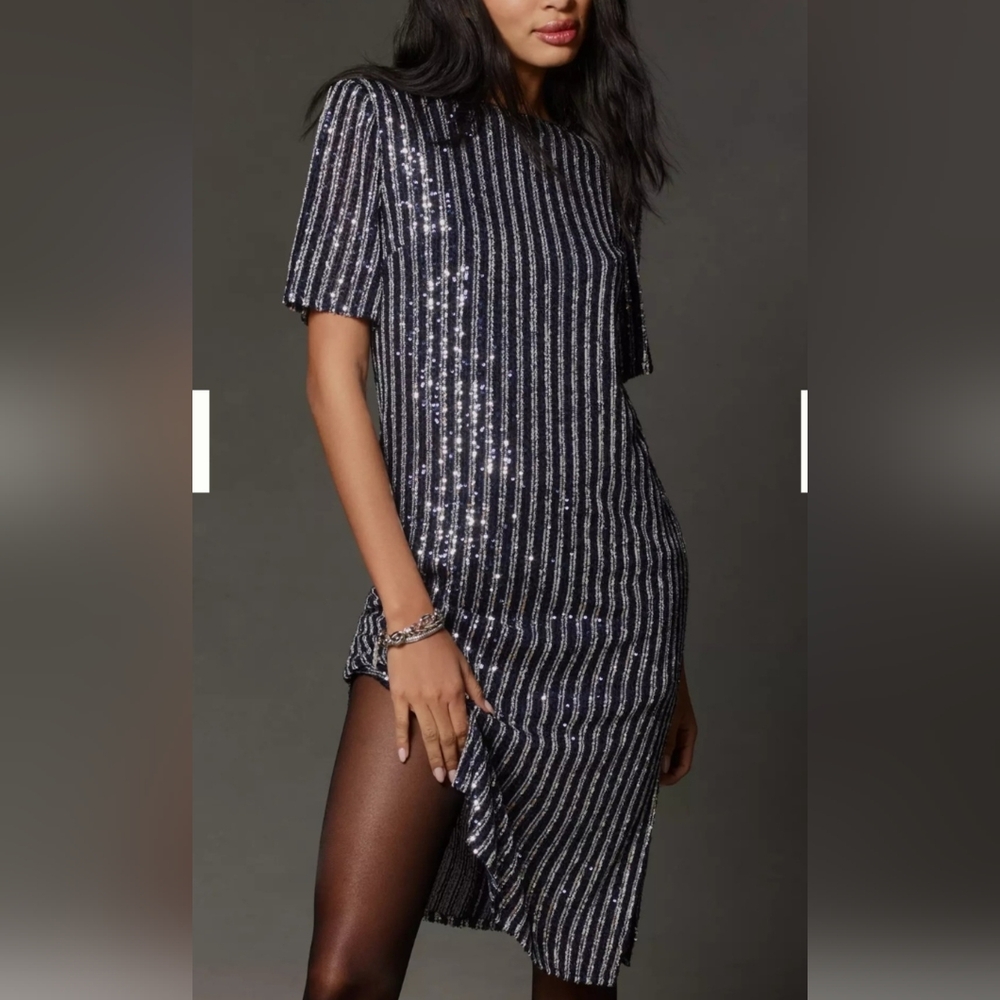 Anthropologie NWT Flat White Sequin Striped Mini Navy Blue and Silver Dress